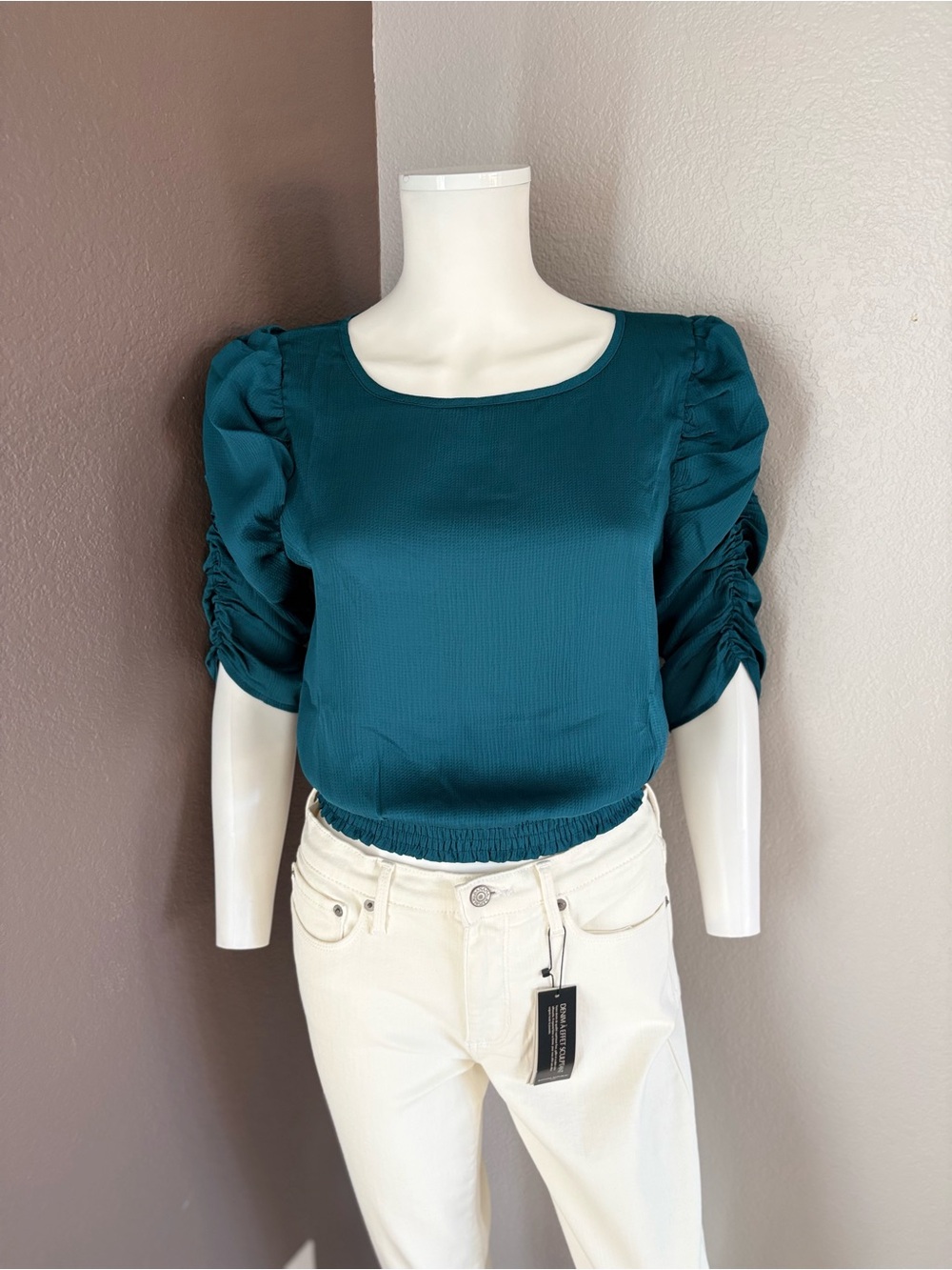 Paper Crane Teal Puff-Sleeve Cropped Blouse